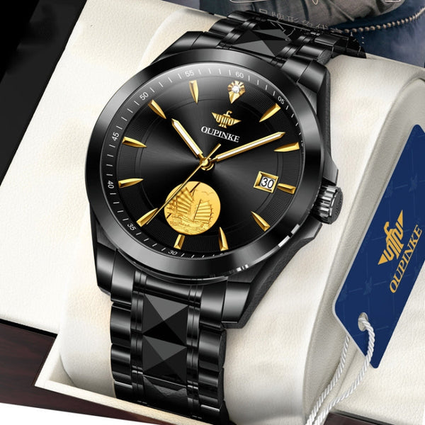 OUPINKE 3226 Embossed Sailboat Design Waterproof Mechanical Men Watch(Black)
