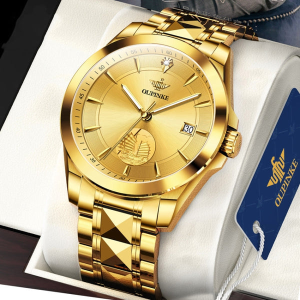 OUPINKE 3226 Embossed Sailboat Design Waterproof Mechanical Men Watch(Gold)