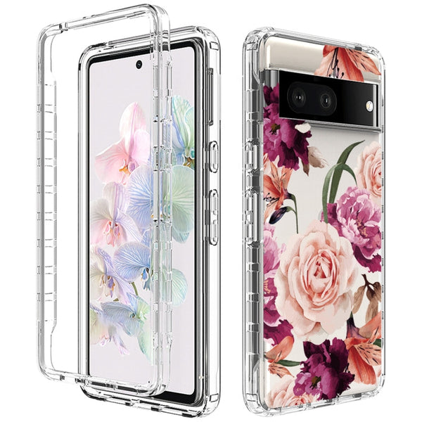 For Google Pixel 7 PC+TPU Transparent Painted Phone Case(Purple Floral)