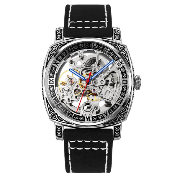 SKMEI 9271 Stainless Steel Buckle Leather Strap Waterproof Mechanical Watch(Black)