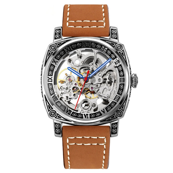 SKMEI 9271 Stainless Steel Buckle Leather Strap Waterproof Mechanical Watch(Brown)