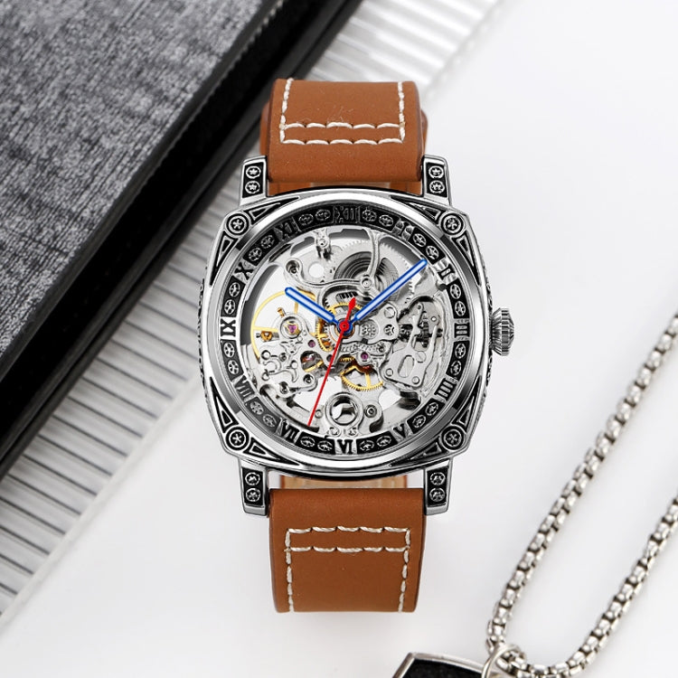 SKMEI 9271 Stainless Steel Buckle Leather Strap Waterproof Mechanical Watch(Brown)