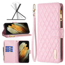 For Samsung Galaxy S21 Ultra 5G Diamond Lattice Zipper Wallet Leather Flip Phone Case(Pink)