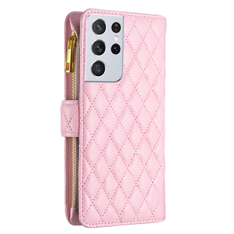For Samsung Galaxy S21 Ultra 5G Diamond Lattice Zipper Wallet Leather Flip Phone Case(Pink)