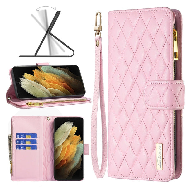 For Samsung Galaxy S21 Ultra 5G Diamond Lattice Zipper Wallet Leather Flip Phone Case(Pink)