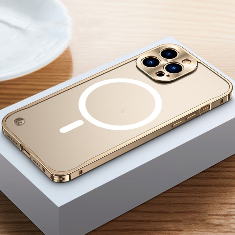 For iPhone 14 Pro Max Metal Frame Frosted PC Shockproof MagSafe Case (Gold)