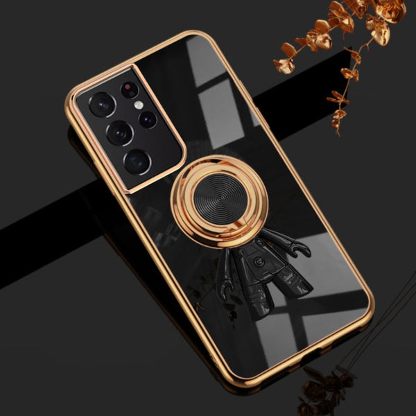 For Samsung Galaxy S21 Ultra 5G 6D Plating Astronaut Ring Kickstand Phone Case(Black)