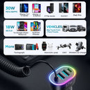 JOYROOM JR-CL20 57W 4 in 1 Car Charger with 8 Pin Coiled Data Cable(Black)
