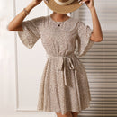 O-Neck Leopard Print Belted Dress, Size:M(Apricot)
