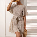 O-Neck Leopard Print Belted Dress, Size:M(Apricot)
