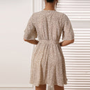 O-Neck Leopard Print Belted Dress, Size:M(Apricot)
