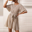 O-Neck Leopard Print Belted Dress, Size:M(Apricot)
