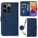 Crossbody 3D Embossed Flip Leather Phone Case For iPhone 14 Pro Max(Blue)