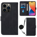 Crossbody 3D Embossed Flip Leather Phone Case For iPhone 14 Pro Max(Black)