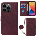 Crossbody 3D Embossed Flip Leather Phone Case For iPhone 14 Pro Max(Wine Red)