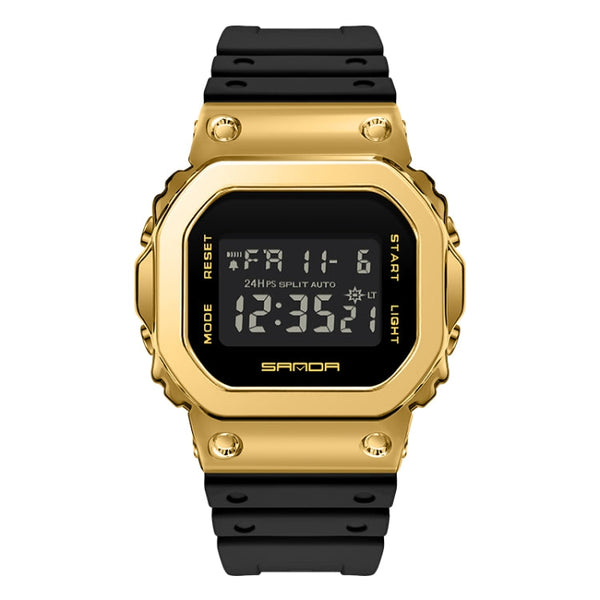 SANDA 2126 Tempered Mirror Luminous Waterproof Dual Display Electronic Watch(Black Gold)