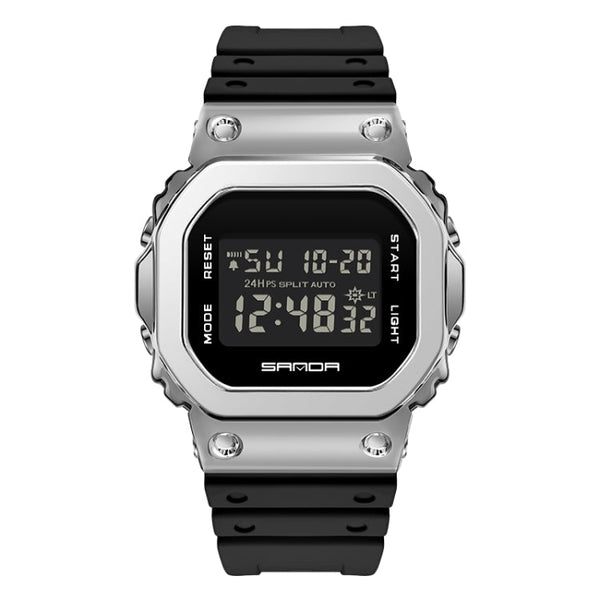 SANDA 2126 Tempered Mirror Luminous Waterproof Dual Display Electronic Watch(Black Silver)