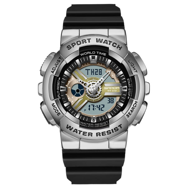 SANDA 3137 TPU Strap Luminous Waterproof Dual Display Electronic Watch(Black Silver)
