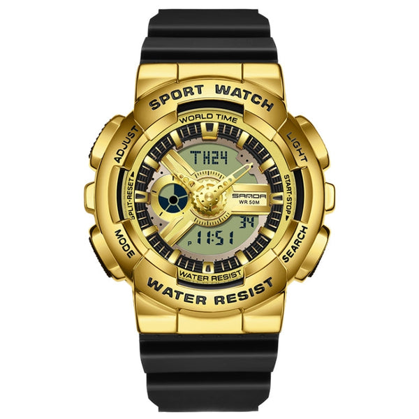 SANDA 3137 TPU Strap Luminous Waterproof Dual Display Electronic Watch(Black Gold)
