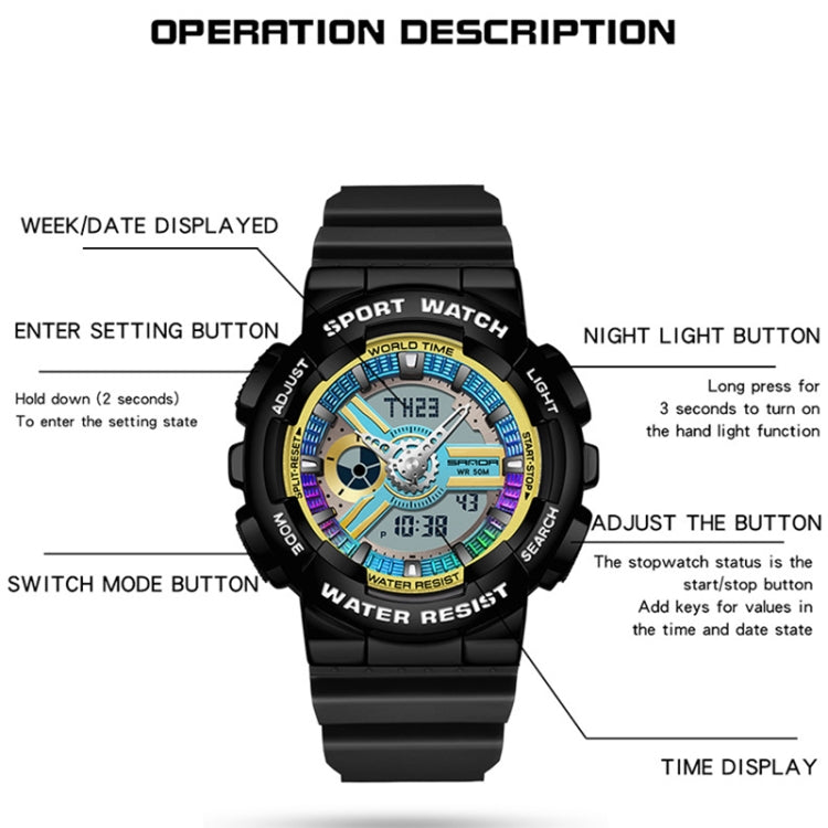 SANDA 3137 TPU Strap Luminous Waterproof Dual Display Electronic Watch(Black Silver)