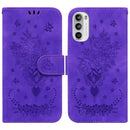 For Motorola Moto G62 5G Butterfly Rose Embossed Leather Phone Case(Purple)