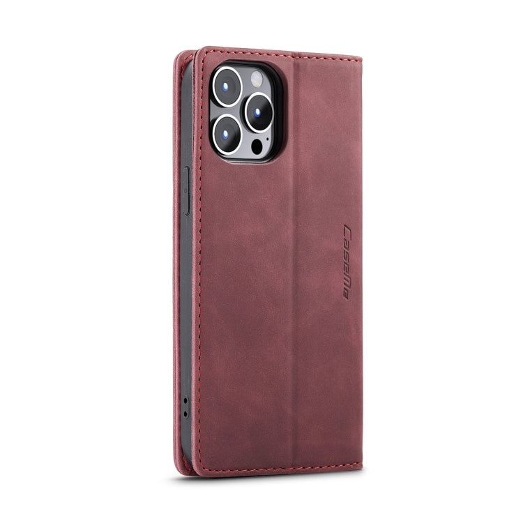 CaseMe-013 Multifunctional Retro Frosted Leather Phone Case For iPhone 14 Pro(Wine Red)