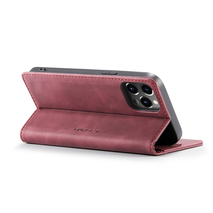 CaseMe-013 Multifunctional Retro Frosted Leather Phone Case For iPhone 14 Pro(Wine Red)