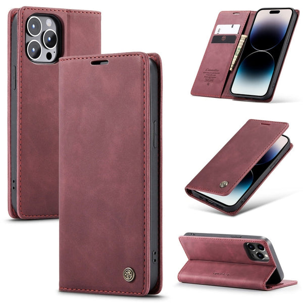 CaseMe-013 Multifunctional Retro Frosted Leather Phone Case For iPhone 14 Pro(Wine Red)