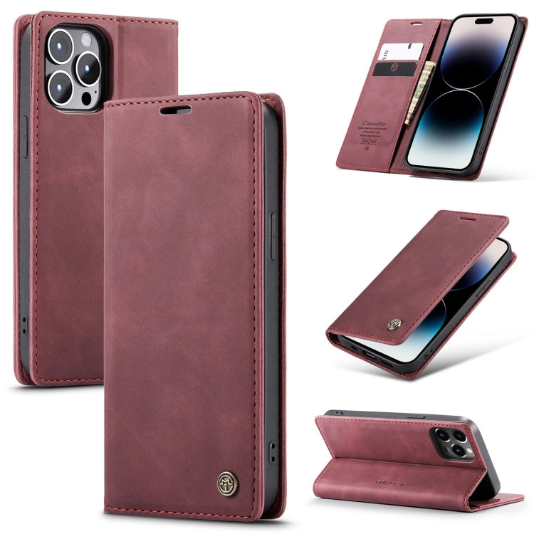 CaseMe-013 Multifunctional Retro Frosted Leather Phone Case For iPhone 14 Pro(Wine Red)