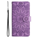 For iPhone 14 Plus Embossed Sunflower Leather Phone Case (Purple)