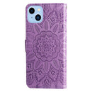 For iPhone 14 Plus Embossed Sunflower Leather Phone Case (Purple)