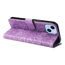 For iPhone 14 Plus Embossed Sunflower Leather Phone Case (Purple)