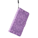 For iPhone 14 Plus Embossed Sunflower Leather Phone Case (Purple)