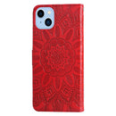 For iPhone 14 Plus Embossed Sunflower Leather Phone Case (Red)