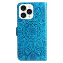 For iPhone 14 Pro Max Embossed Sunflower Leather Phone Case (Blue)