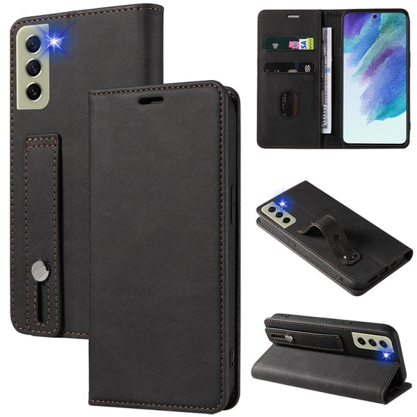 For Samsung Galaxy S21 FE 5G Wristband Magnetic Leather Phone Case(Black)