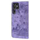 For Samsung Galaxy S22 Ultra 5G Cartoon Sakura Cat Embossed Leather Phone Case(Purple)