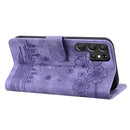 For Samsung Galaxy S22 Ultra 5G Cartoon Sakura Cat Embossed Leather Phone Case(Purple)