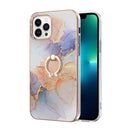 For iPhone 14 Pro Electroplating Pattern IMD TPU Shockproof Case with Rhinestone Ring Holder(Milky Way White Marble)