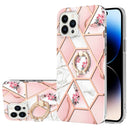 For iPhone 14 Pro Electroplating Splicing Marble Flower Pattern TPU Shockproof Case with Rhinestone Ring Holder(Pink Flower)