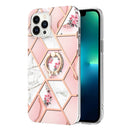 For iPhone 14 Pro Electroplating Splicing Marble Flower Pattern TPU Shockproof Case with Rhinestone Ring Holder(Pink Flower)