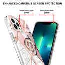 For iPhone 14 Pro Electroplating Splicing Marble Flower Pattern TPU Shockproof Case with Rhinestone Ring Holder(Pink Flower)