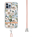 For iPhone 14 Pro Flowers and Plants Series IMD TPU Phone Case with Lanyard(Green Gardenia)