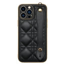 For iPhone 13 Pro Max D03 Grid PU Electroplated Phone Case with Wrist Strap (Black)