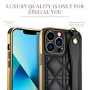 For iPhone 13 Pro Max D03 Grid PU Electroplated Phone Case with Wrist Strap (Black)