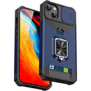 For iPhone 14 Plus Lanyard Slide Camshield Ring Card Phone Case (Blue)
