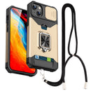 For iPhone 14 Plus Lanyard Slide Camshield Ring Card Phone Case (Gold)