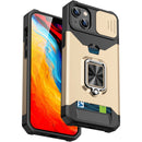 For iPhone 14 Plus Lanyard Slide Camshield Ring Card Phone Case (Gold)