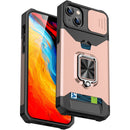 For iPhone 14 Plus Lanyard Slide Camshield Ring Card Phone Case (Rose Gold)