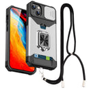 For iPhone 14 Plus Lanyard Slide Camshield Ring Card Phone Case (Silver)